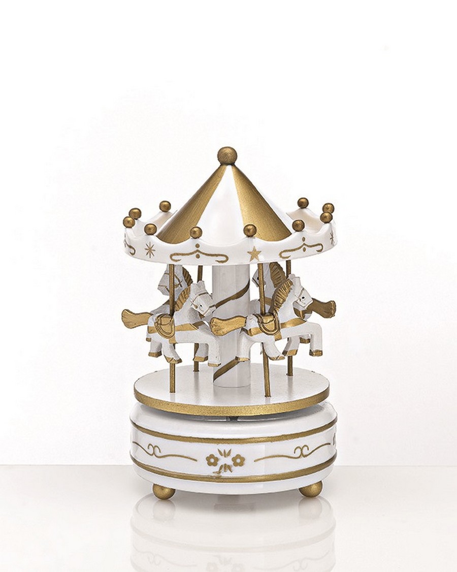 Καρουζέλ Ξύλινο Λευκό Μεγάλο με Μουσική και Περιστροφή