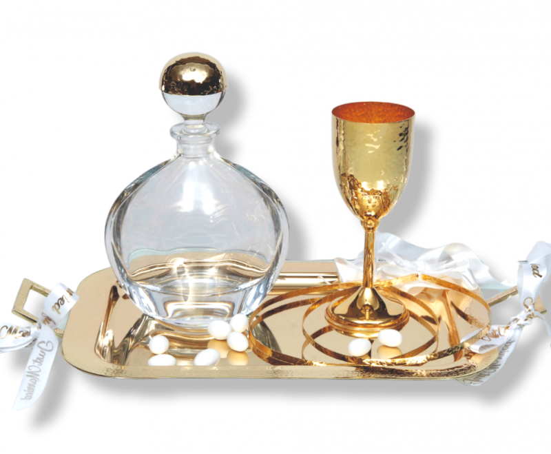 Σετ Γάμου 3τμχ Καράφα, Ποτήρι, Δίσκος Χρυσό Σφυρήλατο Ανεμώνη WS10047