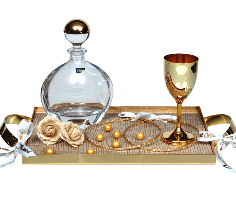 Σετ Γάμου 3τμχ Καράφα, Ποτήρι, Δίσκος Χρυσό Σφυρήλατο Χρυσάνθεμο WS10044