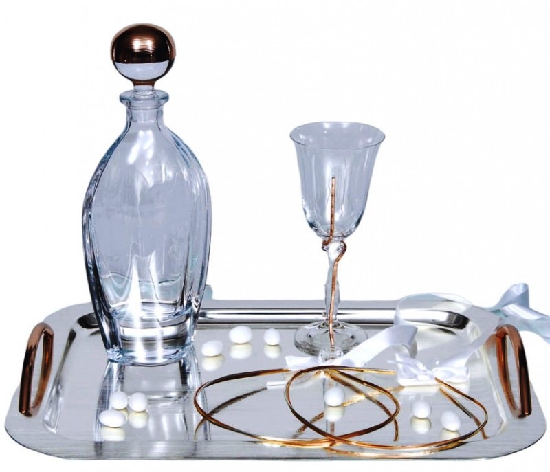 Σετ Γάμου 3τμχ Καράφα, Ποτήρι, Δίσκος Επάργυρο Χρυσό Ιβίσκος WS10009