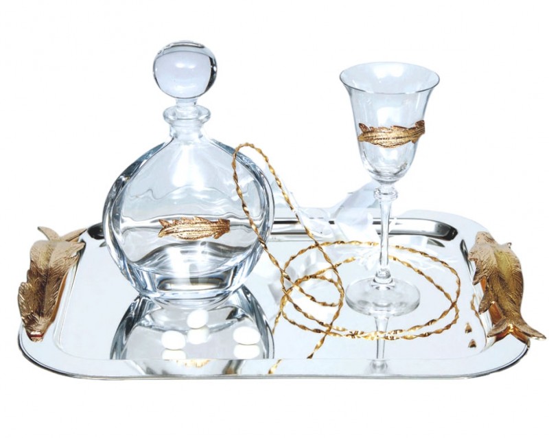 Σετ Γάμου 3τμχ Καράφα, Ποτήρι, Δίσκος Επάργυρο Χρυσό Φτέρη WS10048