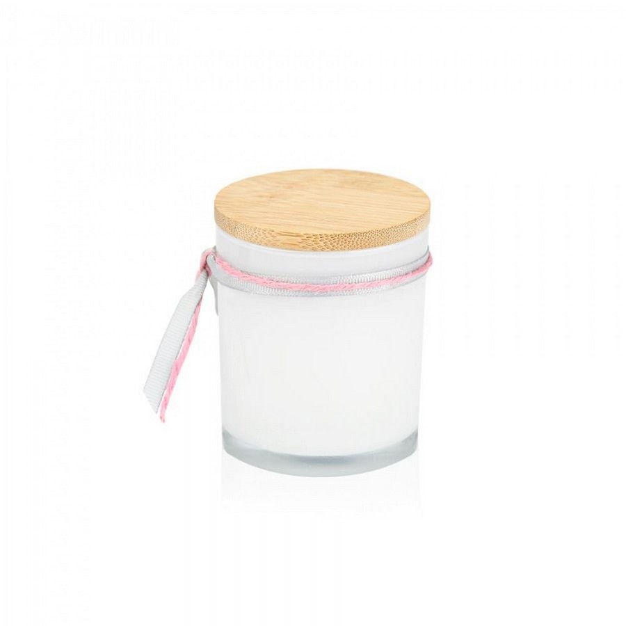 Μπομπονιέρα Κερί λευκό με ξύλινο καπάκι και άρωμα flower garden, διάμετρος  7 x 8,5 cm. 120gr ST00726