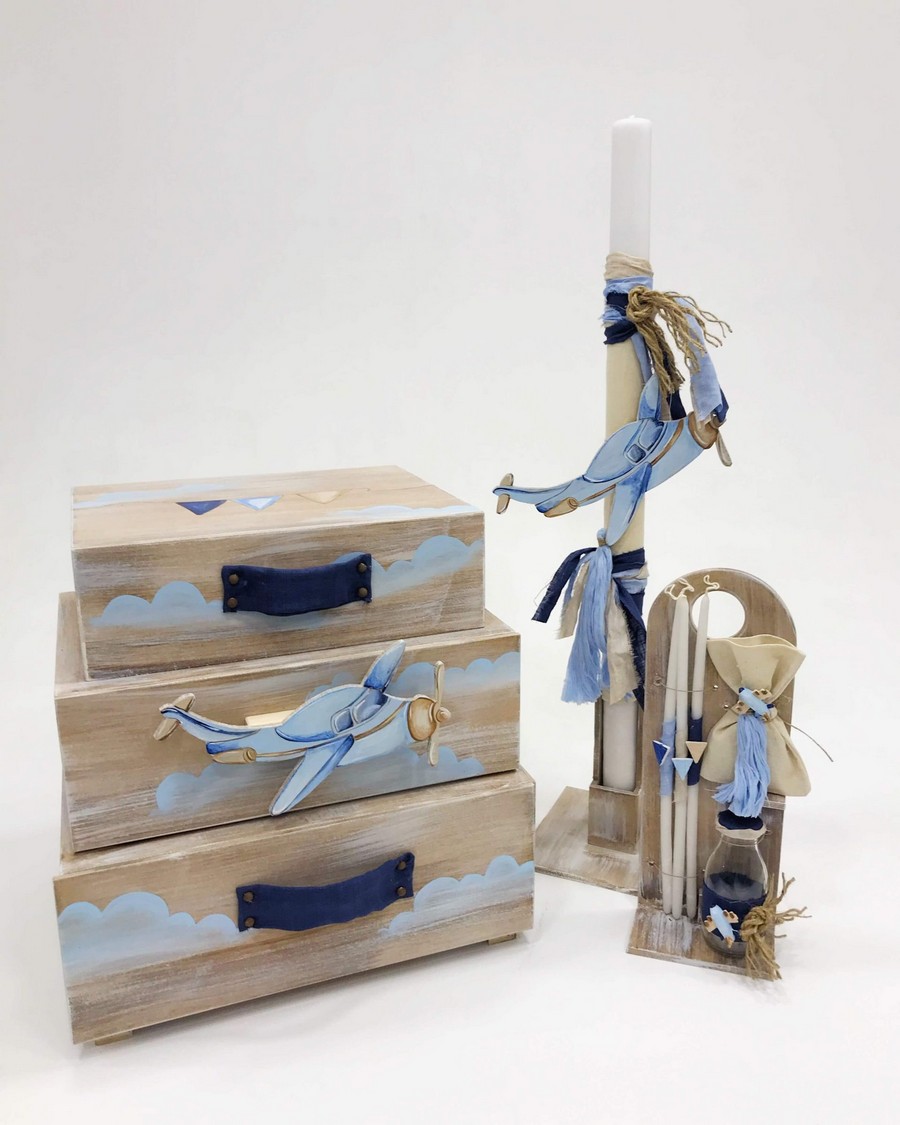 Βαπτιστικό Σετ Airplane μς χρώματα φυσικό και γαλάζιο.