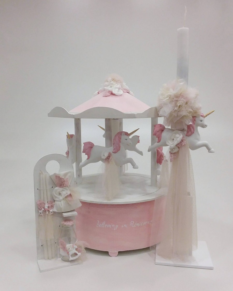 Βαπτιστικό Σετ Carousel Unicorn με χρώματα ροζ και λευκό K17-001