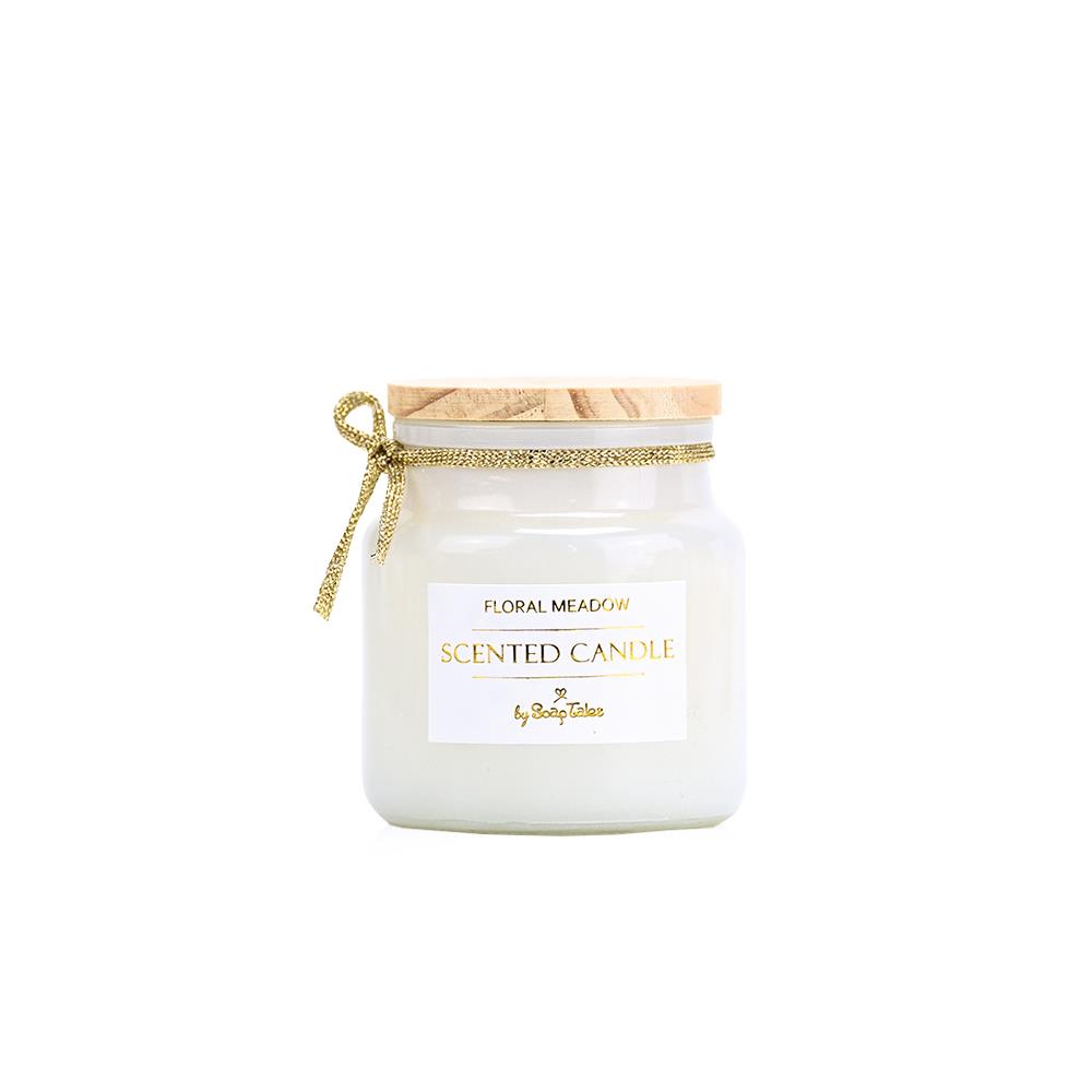 Μπομπονιέρα Κερί λευκό floral meadow με ξύλινο καπάκι