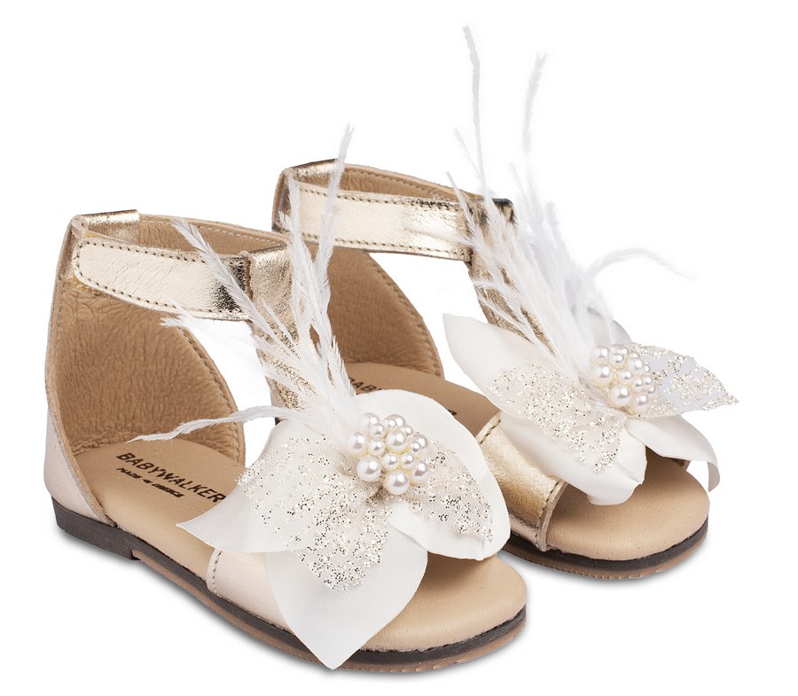 Δερμάτινο Μεταλλιζέ Πέδιλο Διακοσμημένο με χειροποίητο Υφασμάτινο Φιόγκο με Πέρλες και ΠούποBW4798-GOLD-IVORY1υλα σε Χρυσό Εκρού χρώμα