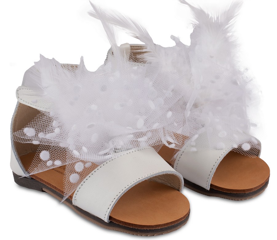 Δερμάτινο Πέδιλο Διακοσμημένο με χειροποίητο Υφασμάτινο Διακοσμητικό με Πουά Τούλι και ΠούπBW4799-IVORY1ουλα σε Εκρού χρώμα