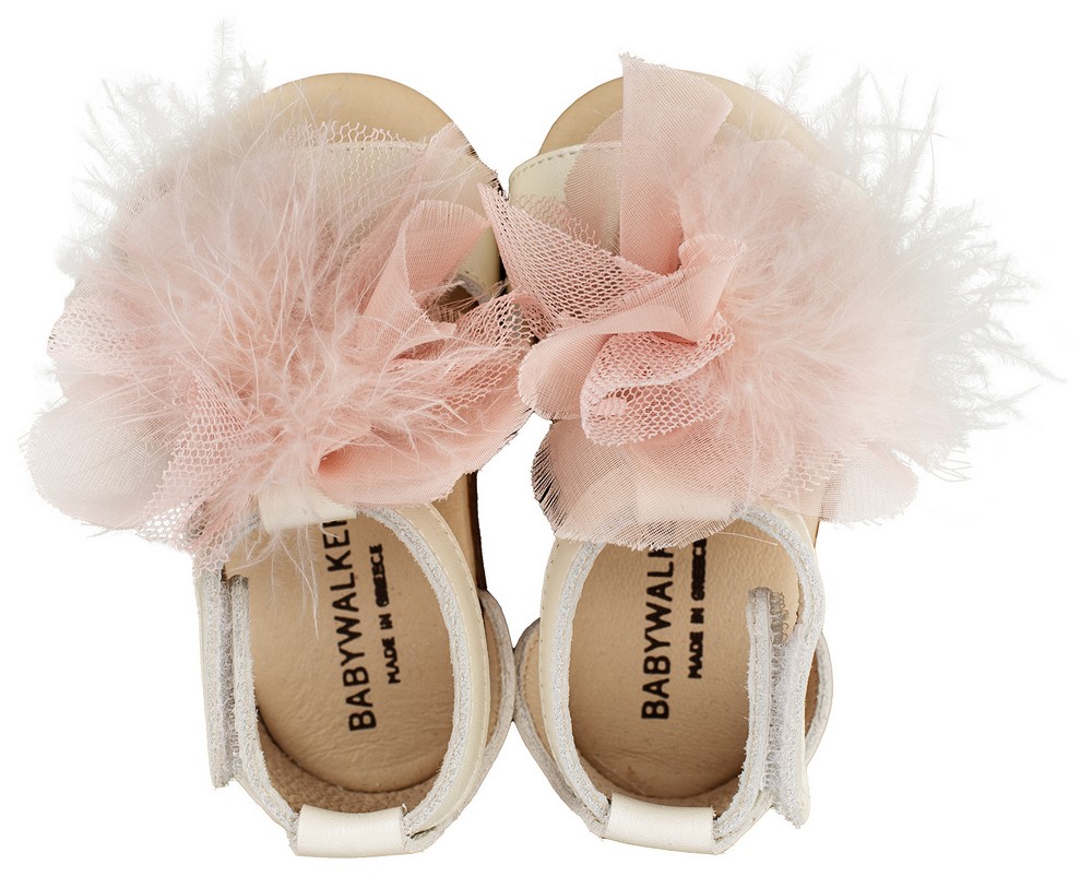 Δερμάτινο Πέδιλο  Διακοσμημένο με Πον Πον  PRI2599 Εκρου Ροζ