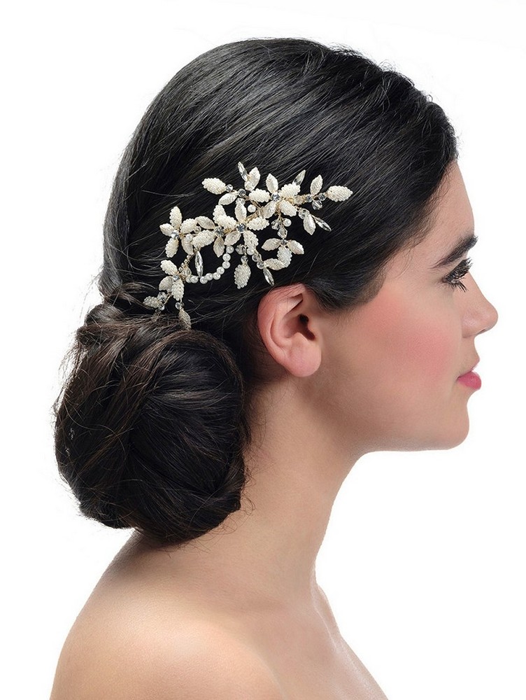 Κόσμημα μαλλιών με λουλούδια και φύλλα από στρας, κρύσταλλα και πέρλες BB-434