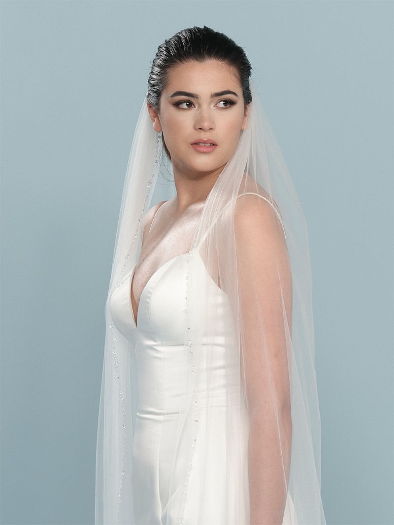 Πέπλο από μαλακό τούλι μονής στρώσης με διακόσμηση από κρύσταλλα στις άκρες του 210cm S709-210--1--SOFT