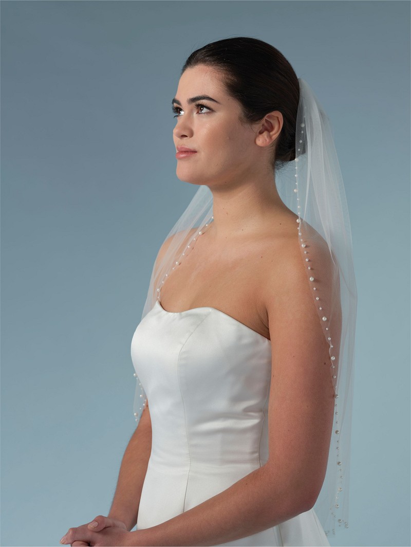 5 Πέπλο από μαλακό τούλι μονής στρώσης διακοσμημένο με πέρλες διαφορετικών μεγεθών στην άκρη του | Μήκος: 75 cm S442-075--1--SOFT - Image 1