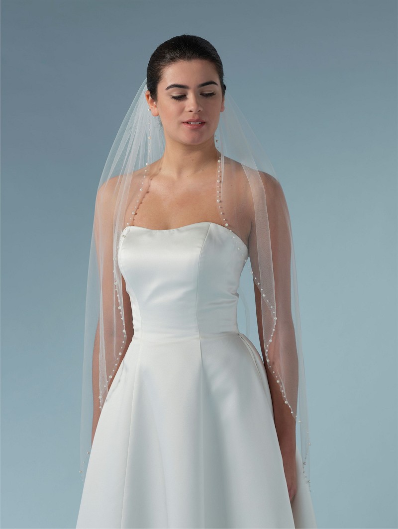 6 Πέπλο από μαλακό τούλι μονής στρώσης διακοσμημένο με πέρλες διαφορετικών μεγεθών στην άκρη του | Μήκος: 120 cm S442-120--1--SOFT - Image 1