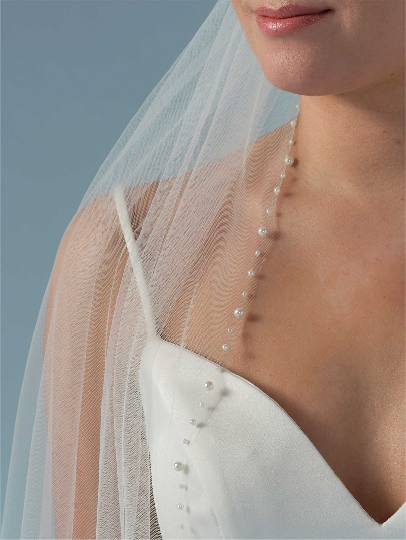 7 Πέπλο από μαλακό τούλι μονής στρώσης διακοσμημένο με πέρλες διαφορετικών μεγεθών στην άκρη του | Μήκος: 210 cm S442-210--1--SOFT - Image 1