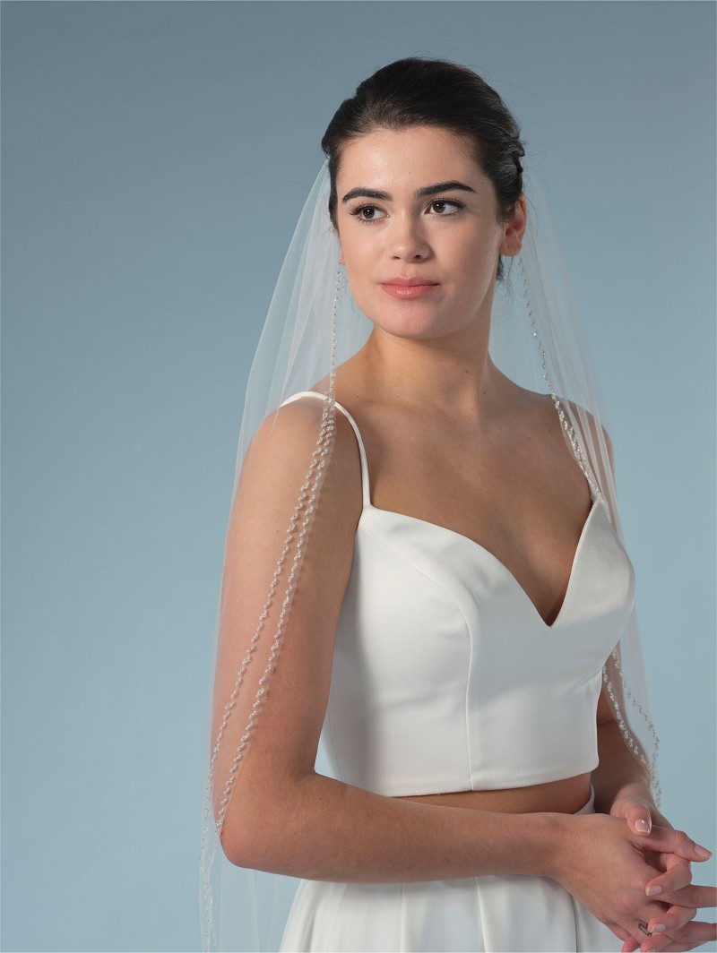 9 Πέπλο από μαλακό τούλι μονής στρώσης διακοσμημένο με χάντρες και κρύσταλλα στην άκρη του | Μήκος: 120 cm S443-120--1--SOFT - Image 1