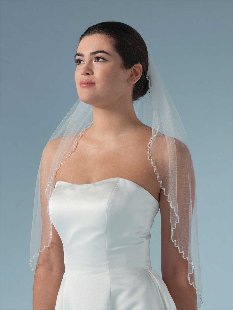 Πέπλο από μαλακό τούλι μονής στρώσης με γυάλινες χάντρες στην άκρη του | Μήκος: 75 cm S444-075--1--SOFT