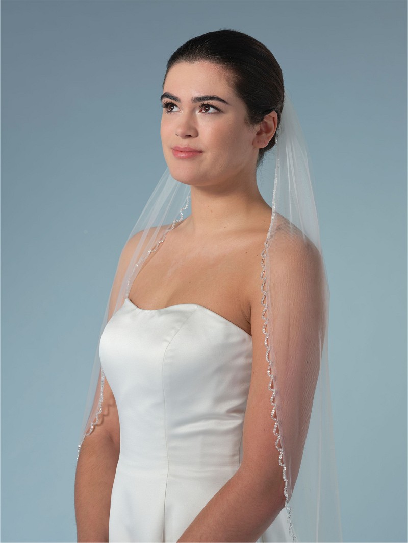 Πέπλο από μαλακό τούλι μονής στρώσης με γυάλινες χάντρες στην άκρη του | Μήκος: 120 cm S444-120--1--SOFT