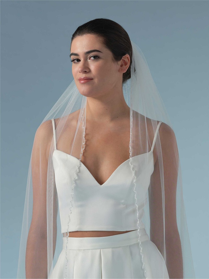 Πέπλο από μαλακό τούλι μονής στρώσης με γυάλινες χάντρες στην άκρη του | Μήκος: 210 cm S444-210--1--SOFT