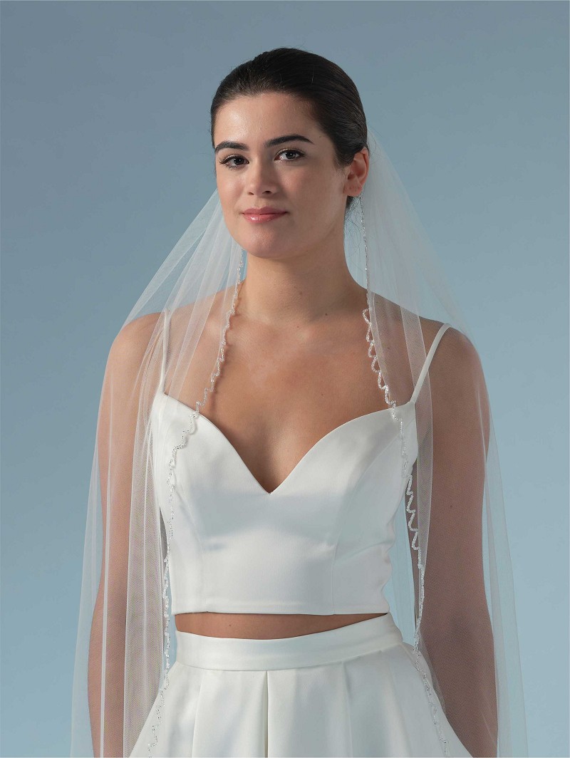 Πέπλο από μαλακό τούλι μονής στρώσης με γυάλινες χάντρες στην άκρη του | Μήκος: 280 cm  S444-280--1--SOFT