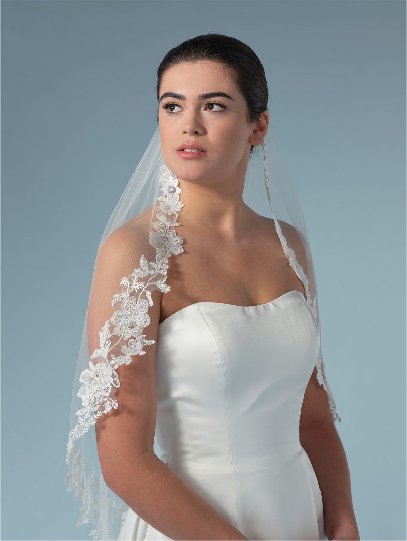 s446-075--1--soft_002_S446-075-1-002_001 Πέπλο από μαλακό τούλι μονής στρώσης διακοσμημένο με σχέδιο λουλουδιών και φύλλων στην άκρη του | Μήκος: 75 cm S446-075--1--SOFT - Image 1