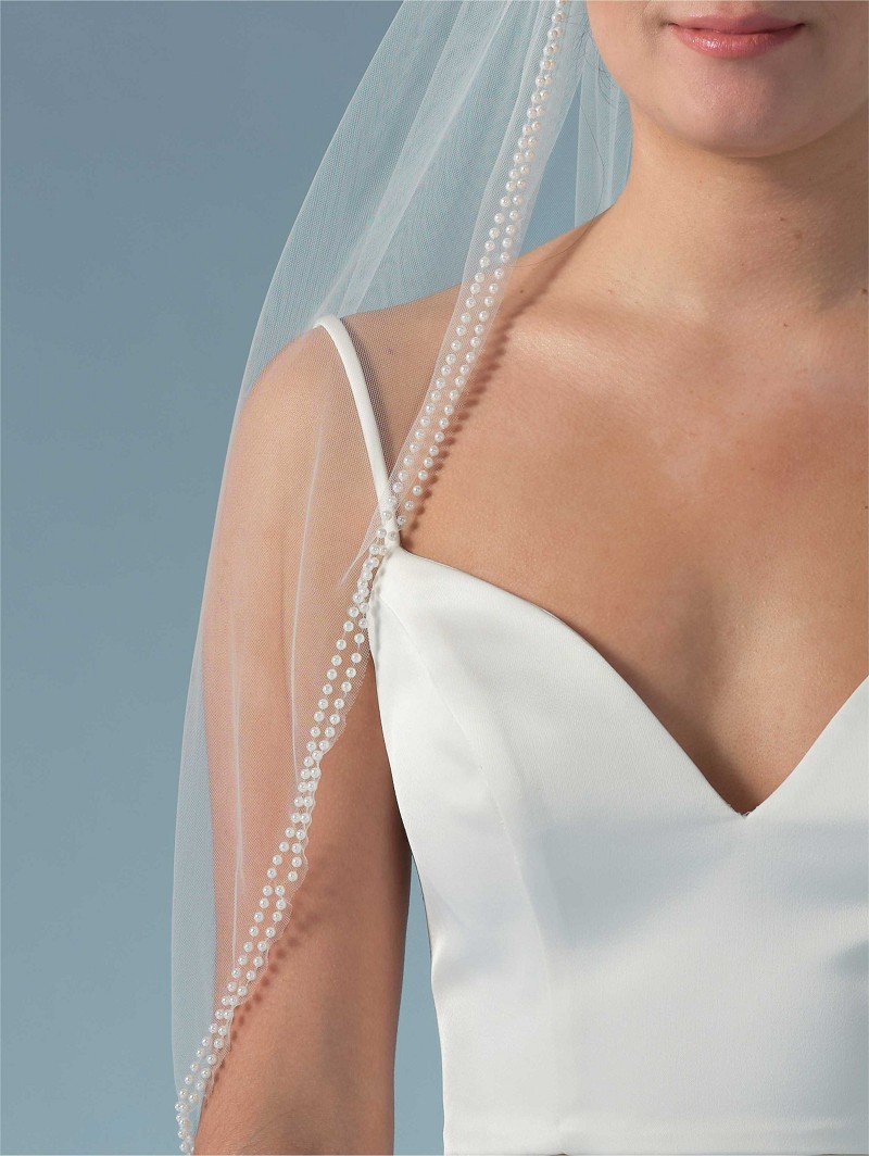 Πέπλο από απαλό τούλι σε χρώμα ιβουάρ, διακοσμημένο με διπλή σειρά μαργαριταριών στην άκρη του | Μήκος: 75 cm  S460-075--1--SOFT