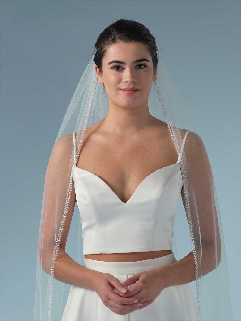 Πέπλο από απαλό τούλι σε χρώμα ιβουάρ με διπλή σειρά πέρλες στην άκρη του | Μήκος: 280 cm S460-280--1--SOFT