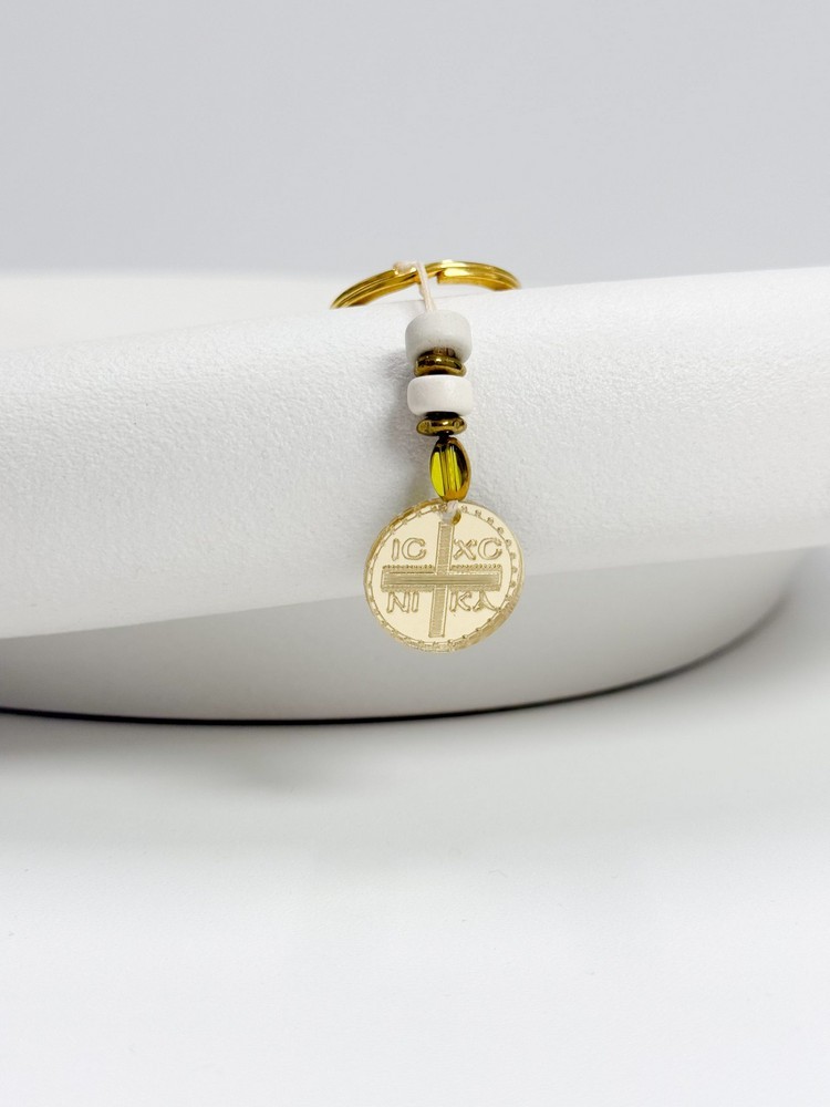 Μαρτυρικό μπρελόκ με plexi-glass κωνσταντινάτο σταυρό, χάντρες και ροδέλες D39 (50τμχ)