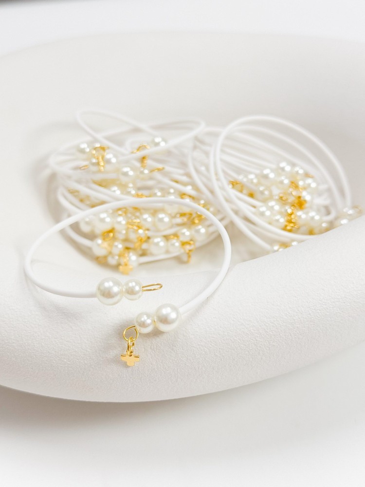 Μαρτυρικό  βραχιόλι με stainless steel σταυρό , καουτσούκ κορδόνι  και πέρλες M71 (50τμχ)