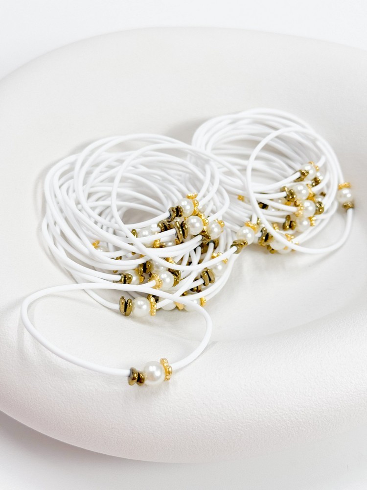 Μαρτυρικό  βραχιόλι με επιχρυσωμένο σταυρό, ροδέλες, πέρλα και λευκό καουτσούκ κορδόνι M73 (50τμχ)