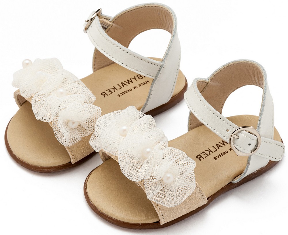 Πέδιλο με Λουλουδάκια και Πέρλες PRI2645 Εκρού