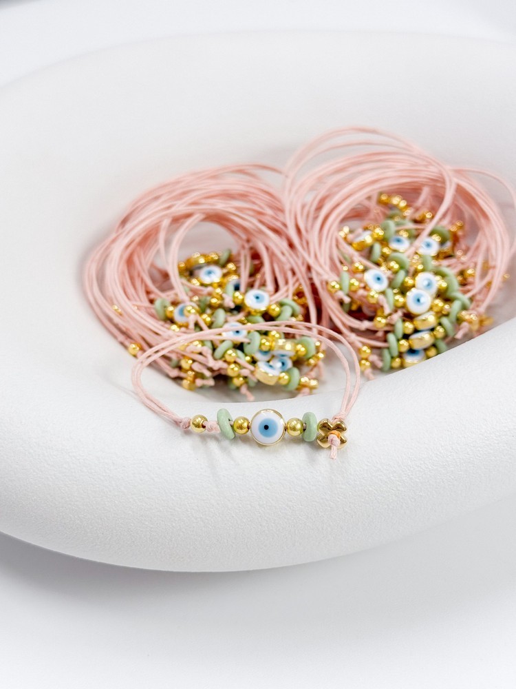 Μαρτυρικό βραχιόλι με επιχρυσωμένο σταυρό,μπλε μάτι, χάντρες και κερωμένο κορδόνι R43 (50τμχ)