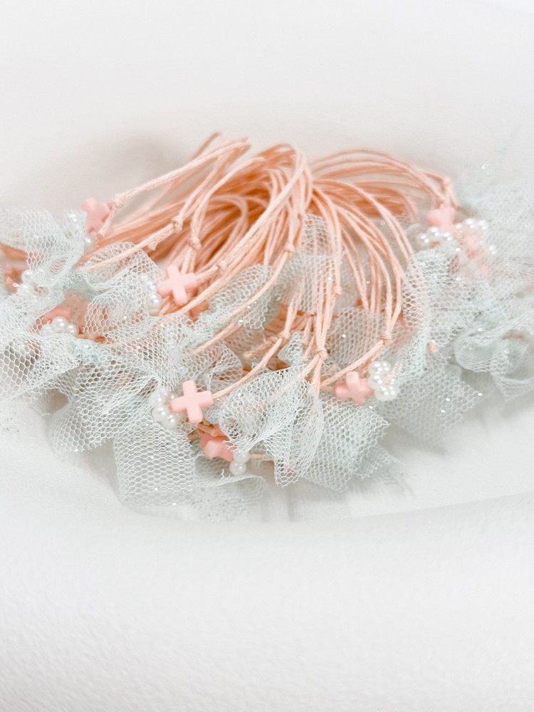 Μαρτυρικό βραχιόλι, με πλαστικό σταυρό, τούλι και πέρλα R50 (50τμχ)