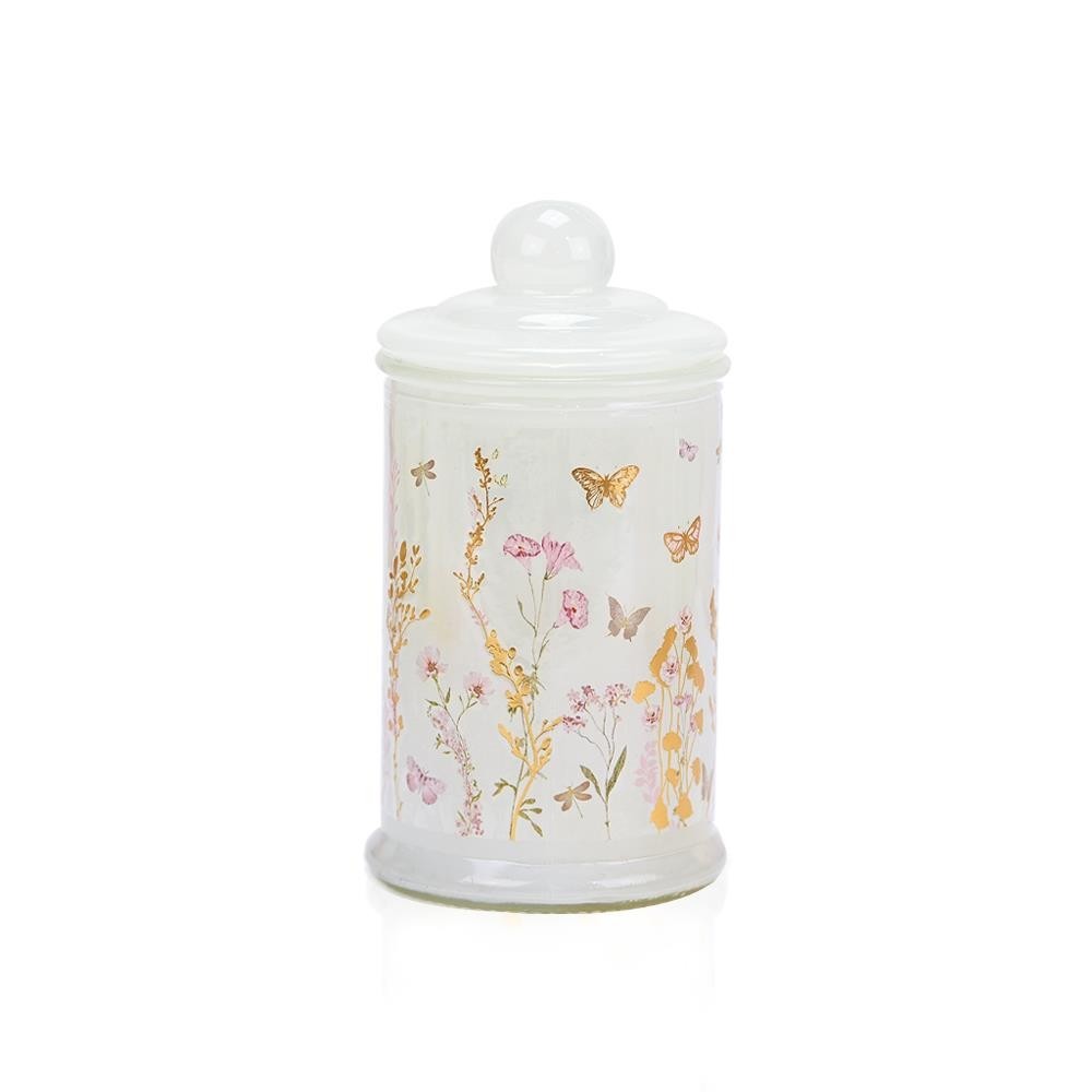 Κερί ψηλό Γυάλινο Λευκό με λουλουδάκια ST00915