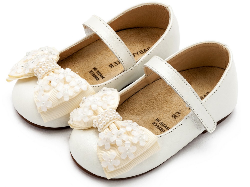 Γοβάκι Μονή Μπαρέτα Χρατς με Gros Grain Φιογκάκι και Λουλουδάκια BW4862 Εκρού