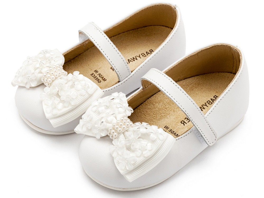 Γοβάκι Μονή Μπαρέτα Χρατς με Gros Grain Φιογκάκι και Λουλουδάκια BW4862 Λευκό